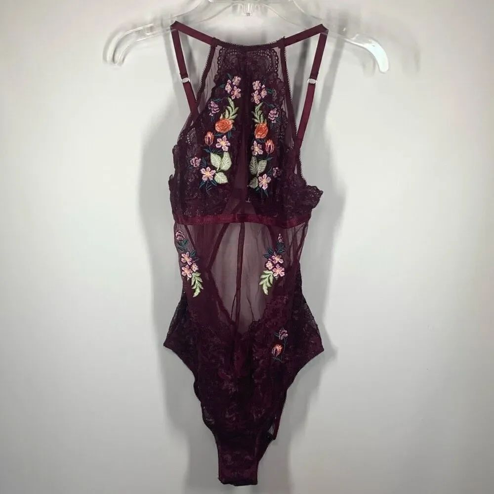Topshop Women's Lace Floral Embroidered Halter Neck Bodysuit Purple Size 4